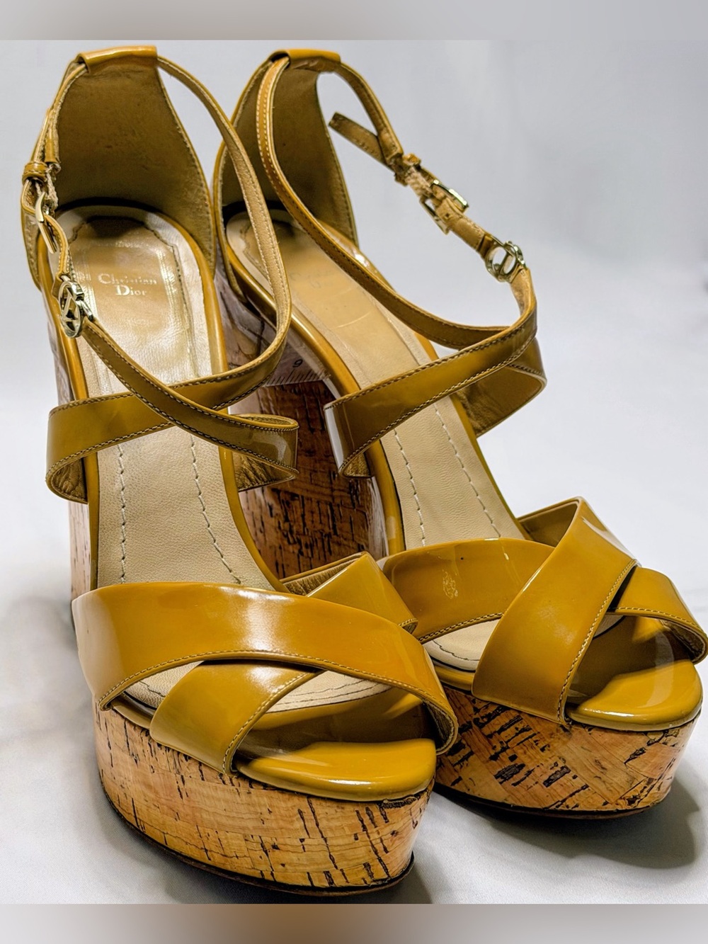 Christian Dior Vintage Y2K Yellow Patent Leather Cork Platform Wedge Sandals 38